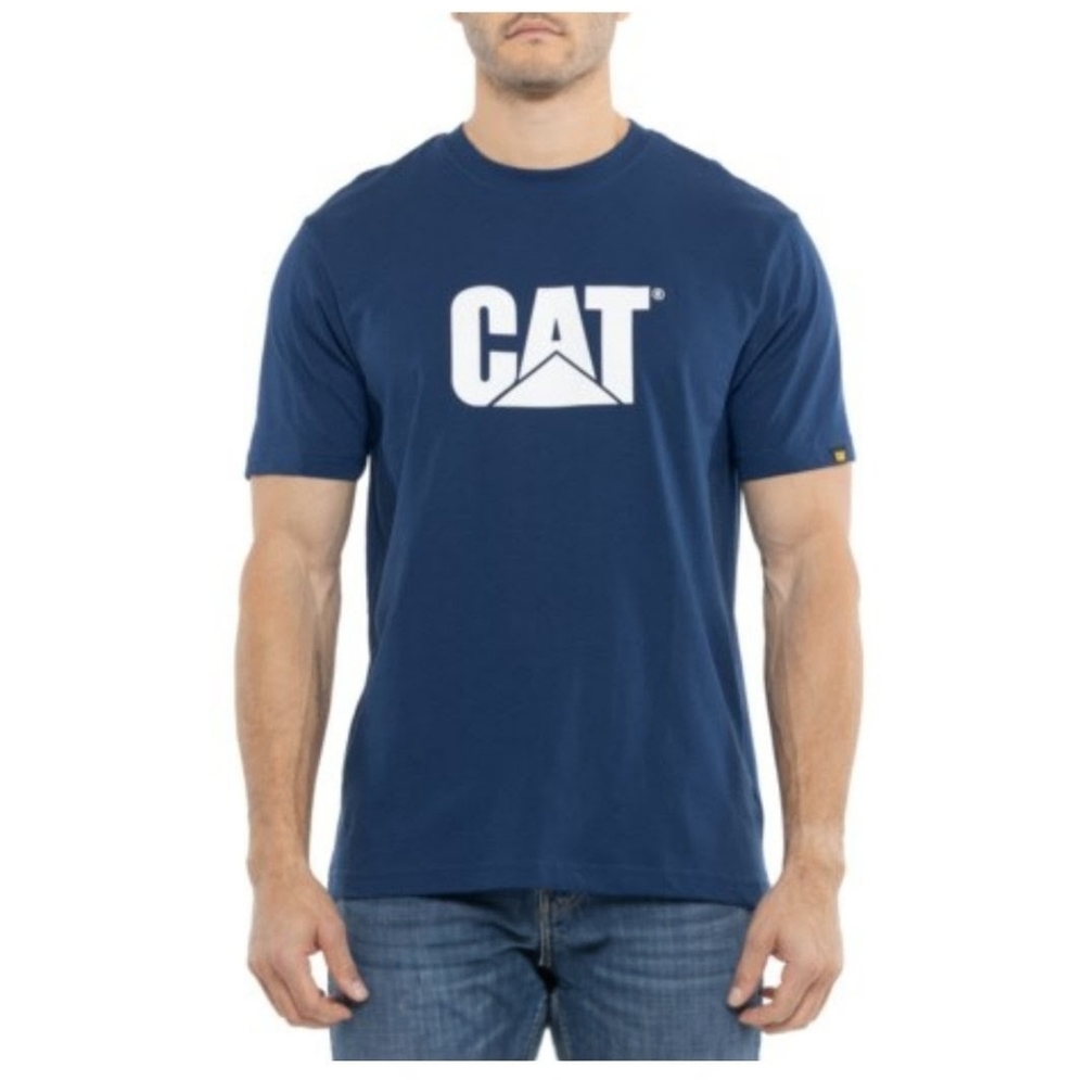 CAT Caterpillar Mens XL Estate Blue Durable Kasmondu Short Sleeve Logo Tshirt